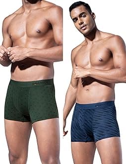 Modal Regular Fit Printed Trunk Underwear Anti-Bacterial Moisture Wicking Breathable Microfibre Waistband Comfortable Deo-Soft Trunks for Men-Darted Green, Comet Blue-M