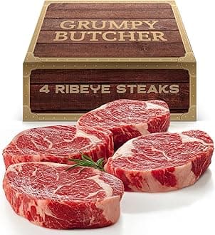 Grumpy Butcher Large Ribeye Steaks, 4 Pack (12 oz each) - Prime Steakhouse Beef Ribeye Steak Meat - Birthday Gifts for Men in Grumpy Butcher Meat Gift Packages Specials Option