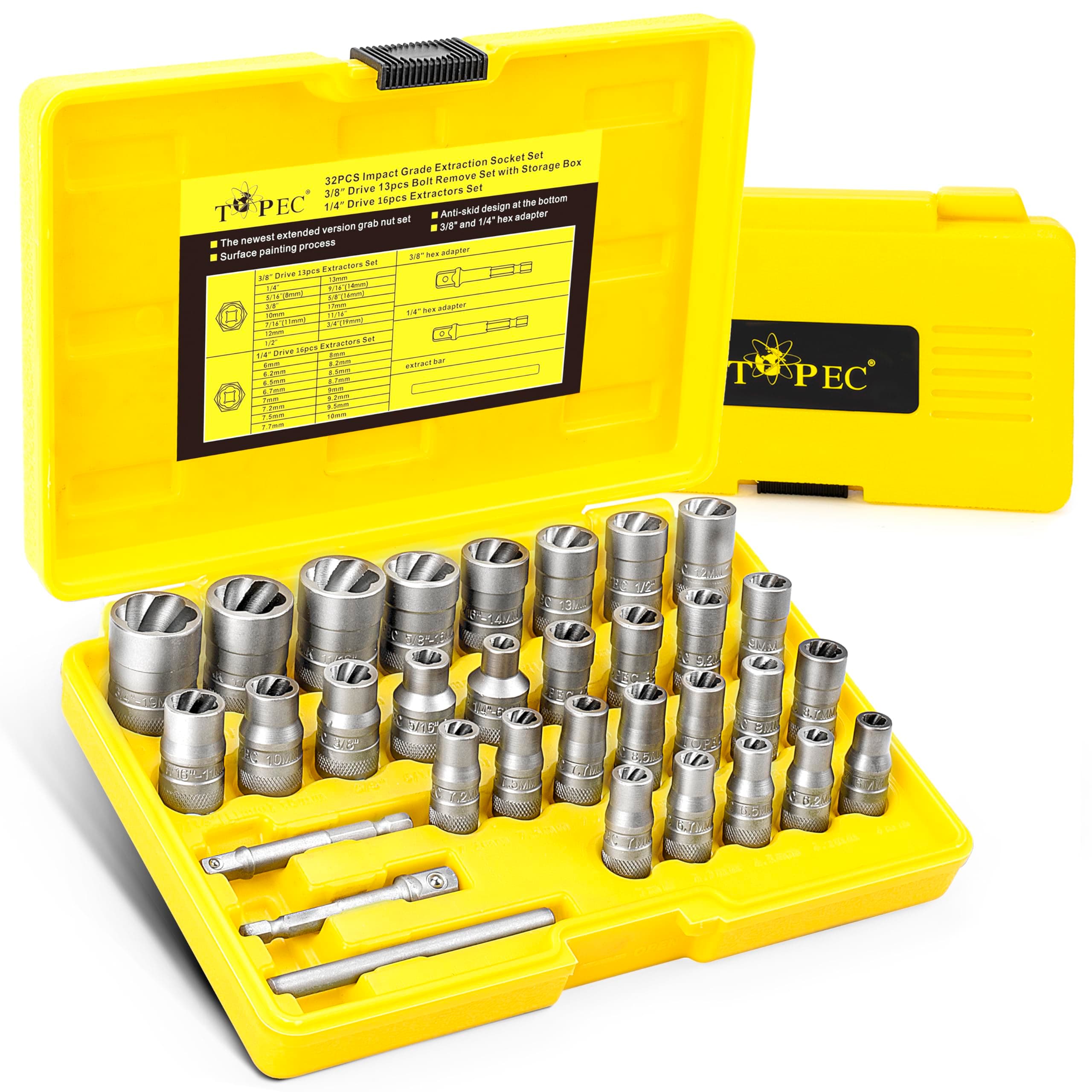 Topec 32Pcs Bolt Extractor Set, Extended Version Impact Bolt & Nut Remover Set with Hex Adapter, Stripped Bolt Remover Tool Kit for Removing Damaged, Frozen, Rusted, Rounded-Off Bolts, Nuts & Screws