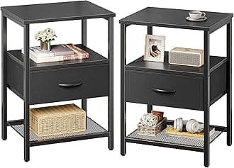 Huuger Nightstand Set of 2, Night Stand with Fabric Drawer, Mesh Shelf, Side Table with Storage, Fabric Drawer Dresser, Open Shelf, Metal Frame, Bedroom, Black