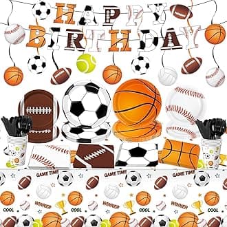 Sports Birthday Party Decorations, Sports Theme Party Plates and Napkins Baseball Football Soccer Basketball Disposable Tableware Serves 20 Guests for Birthday Party