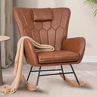VECELO Rocking Chair Nursery with Thick Headrest, Modern PU Upholstered Reading Glider Rocker Accent Armchair with High Backrest, Padded Seat, Side Pocket, for LivingRoom, Bedroom, Baby Room, Brown