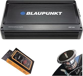 BLAUPUNKT AMP1604 1600 Watts – 4 Channel 2 Ohm Stable Full Range Amplifier Boost Bass, 4/3/2 Channels, Slim Compact Amp with Gravity Magnet Phone Holder Bundle