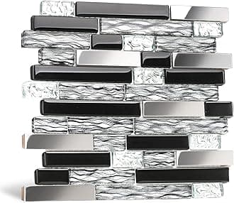Glass Metal Tiles Art Mosaic Silk Black Crystal Glass Chrome Silver Steel Accent Wall Border Kitchen Bath Backsplash Tile TSTNB12 (5 Square Feet)