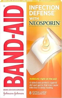Band-Aid Brand Adhesive Bandages Infection Defense with Neosporin Antibiotic Ointment, for Wound Care and First Aid, Extra Large, 8 ct