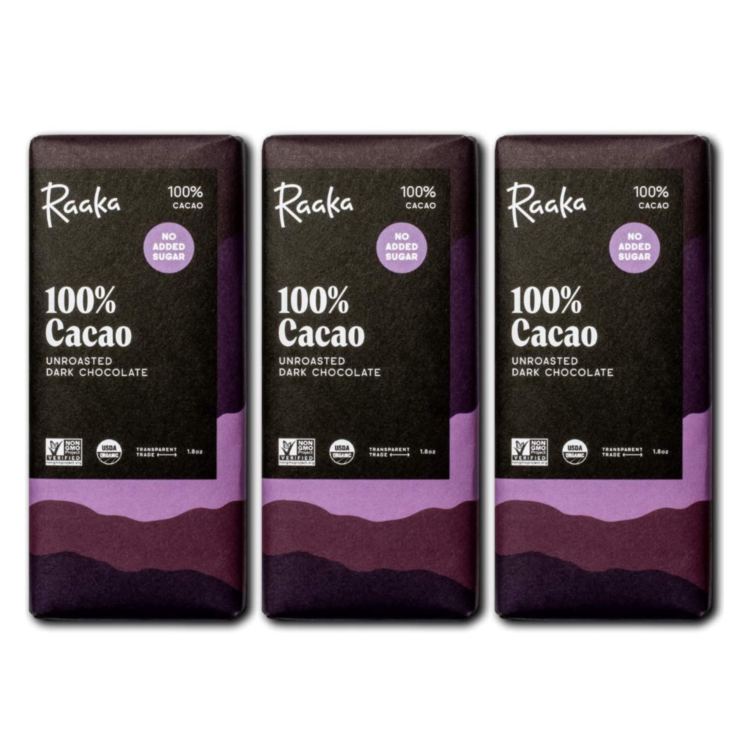 Raaka 100% Dark Chocolate Bars - Unsweetened, Bitter, Sugar Free, Pure Cacao - Organic, Vegan, Soy Free, Gluten Free, Kosher, Keto, Nut Free - 1.8oz 100% Chocolate Bars, 3-Pack