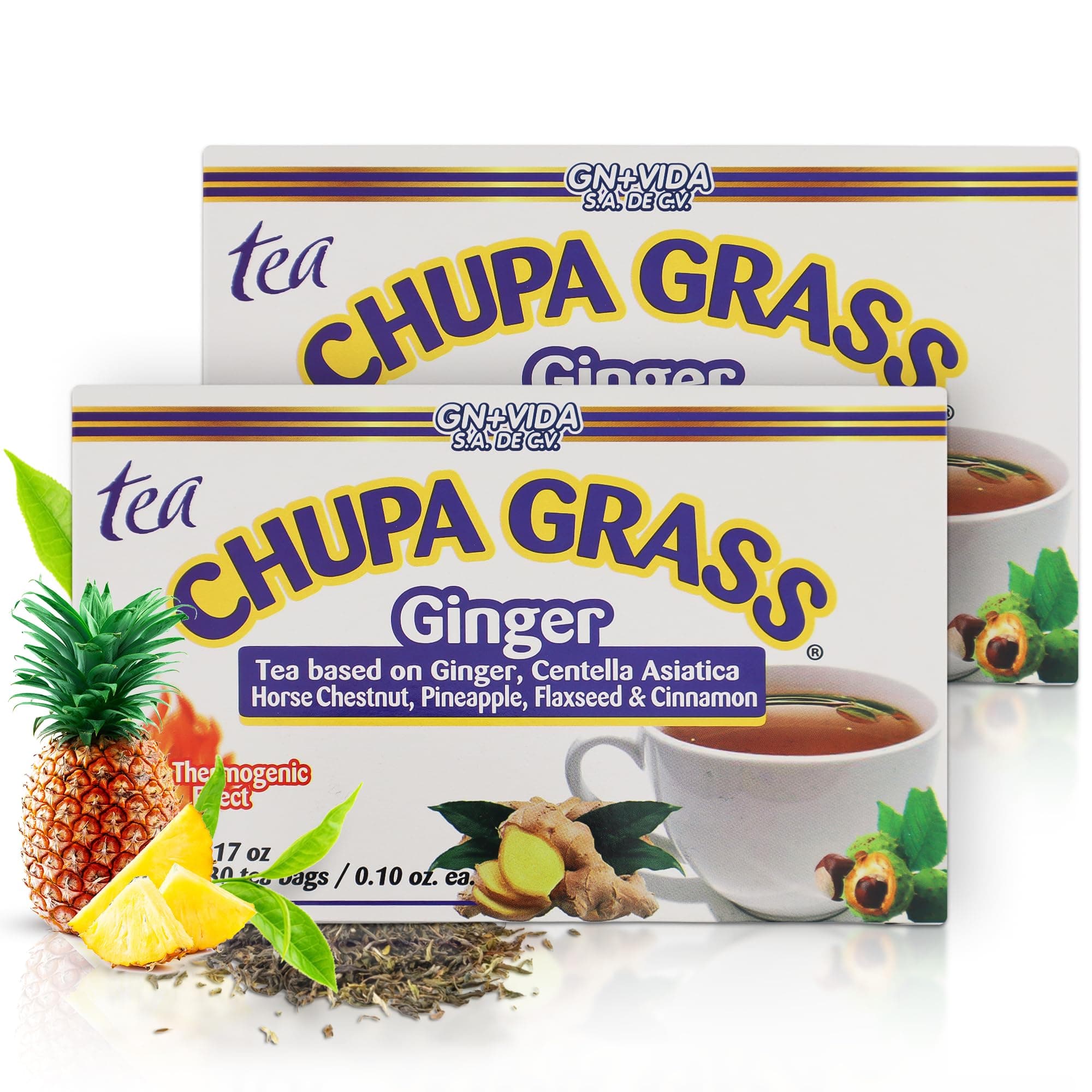 2 BOXES Improved Formula Tea CHUPA GRASS - Tea Based Ginger, Gotu Kola & Cinammon & Te Panza Jengibre (30 Tea Bags/0.10 oz Each x 2)