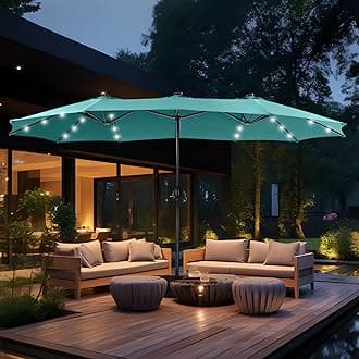MFSTUDIO 15ft Double Sided Patio Umbrella with Solar Lights, Outdoor Large Umbrellas with Crank Handle and 36 LED Lights, Rectangular Market Umbrella with Base Included for Deck Pool Shade