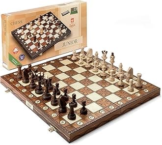 Wegiel Handmade Junior European International Chess Set - 16" Premium Wooden Chess Set for Adults and Kids with Premium Beech Wood and Birch - Unique Folding Design with Chess Piece Storage
