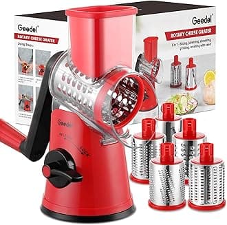 Rotary Cheese Grater Cheese Shredder - Upgraded 5-in-1 Cheese Grater with Handle and Stronger Suction Base, Multi-purpose Vegetable Slicer Nuts Grinder Perfect for Ice, Vegetables, Fruit, Nuts