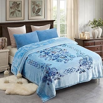 Korean Style Mink Blanket Heavy King Size 87" x 94", 10.5 Pounds Plush Fleece Blankets for Winter- Silky Soft and Warm, 2 Ply A&B Printed Embossed Raschel Bed Blanket (Flowers Branches Blue)