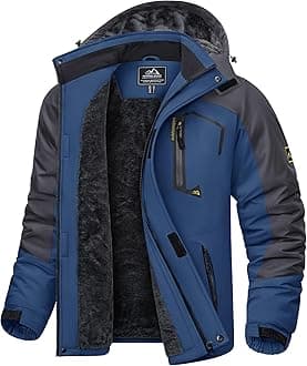 KEFITEVDMen's Waterproof Fleece Jackets Winter Warm Ski Raincoats Outdoor Thermal Coats with Detachable Hood