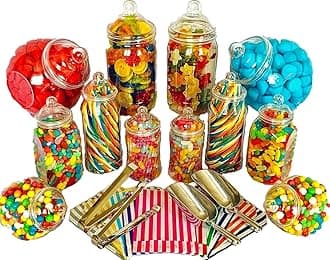 – JUMBO 12 Assorted Jars 2 Scoops, 2 Tongs, 100 Bags - Vintage Victorian Pick & Mix Sweet Shop Candy Buffet Kit Party Pack (GOLD)