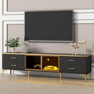 Merax Stylish LED TV Stand for Televisions Up to 78'', Entertainment Center with Brown Glass Storage Cabinet, Marble-veined Table Top, Golden Legs & Handles for Living Room, Black