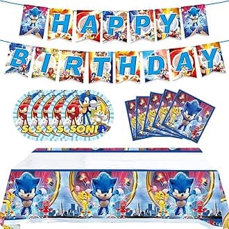 – Xiaoma Sonic 2 Birthday Party Supplies, 32Pcs Sonic Decorations for Kids' Birthday, Includes Banner, Tablecloth, Plates, and Napkins