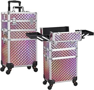 3 in 1 Rolling Makeup Train Case Portable Cosmetic Trolley Large Storage for Professional with 360° Swivel Wheels Salon Barber Case Traveling Cart Trunk - Glitter Pink