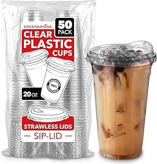 20 oz Clear Plastic Cups with Lids Disposable, Togo Drinking Cup with Strawless Sip Lid for Smoothie, Cold Brew Iced Coffee, Lemonade, Ice Latte, Boba, Party Drinks, Bulk, 20 Ounce (Set of 50)