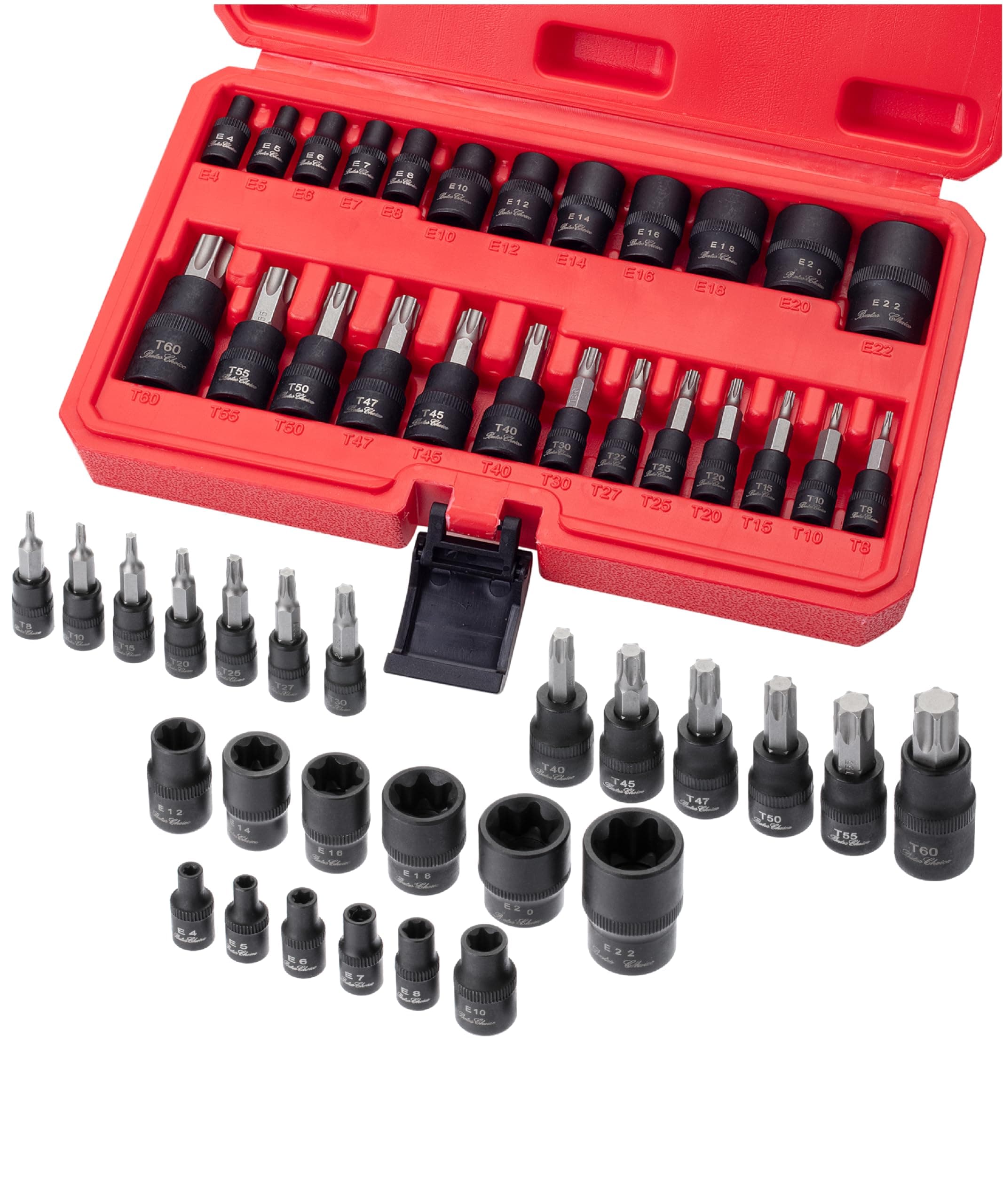 Bates- Torx Bit and Socket Set, 25 pcs, 1/4" 3/8" & 1/2" Drive, Star Bits T8-T60, E-Torx Sockets E4-E22