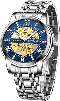 A ALPS Mens Watch Skeleton Luxury Mechanical Stainless Steel Waterproof Black Automatic Self-Winding Roman Numerals Diamond Dial Wrist Watch