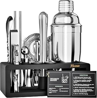Cocktail Shaker Set with Stand |Bar Set Cocktail Shaker Set for Drink Mixing |Kit for Beginner Bartender |Bar Tools, Martini Shaker, Jigger, Strainer, Mixer Spoon, Bottle Opener + RECIPE BOOK.