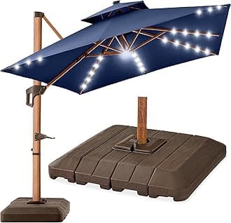 Best Choice Products 10ft Square Cantilever Patio Umbrella w/Base Included, Woodgrain Pattern Pole & Solar LED Lights, 360-Rotation, Offset Hanging Outdoor Shade - Navy Blue