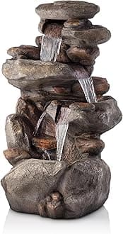 40" 4-Tier Rock Floor Fountain with Cascading Water & White LED Lights, Tranquil Outdoor Water Feature for Garden, Patio, Yard & Deck, Light Gray