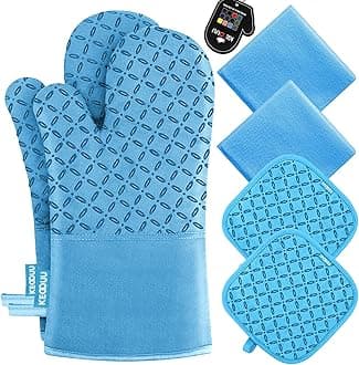 KEGOUU Oven Mitts and Pot Holders 6pcs Set, Kitchen Oven Glove High Heat Resistant 500 Degree Extra Long Oven Mitts and Potholder with Non-Slip Silicone Surface for Cooking (Sky Blue)