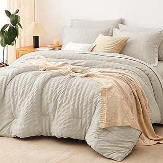 Queen Comforter Set Oatmeal Seersucker 7 Pieces Bed in a Bag Queen Comforter Set with Sheets Luxury Soft Bedding Set with Down Alternative Comforter, Sheets, Pillowcases & Shams for All Season