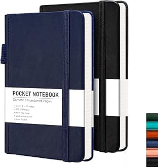 RETTACY Pocket Journal Notebook, 2-Pack, 160 Numbered Lined Pages per Pack, A6 Mini Small Size (3.5" × 5.5"), for Work, Journaling, Leather Hardcover, 100 GSM Thick Paper (Black & Navy Blue)