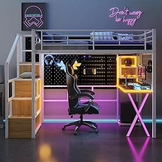 Twin Size Loft Bed with Desk and Storage Stairs,Metal Gaming Twin Loft Bed with LED Lighting, High Loft Bed with Wardrobe and Shelves for Boys,Girls,Teens, Adults,White