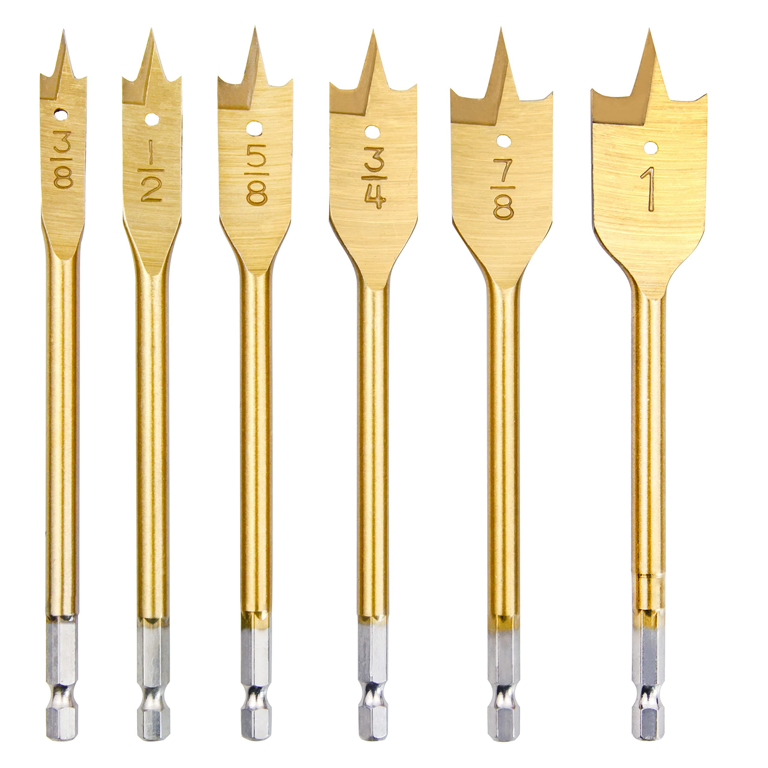 6PCS Spade Drill Bit Set Paddle Flat Bits 3/8"-1" Flat Wood Hole Cutter Fit for Most Types of Wood as Well as Fiberglass
