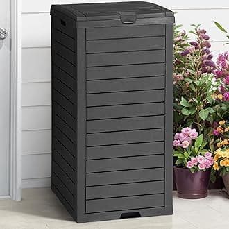 38 Gallon Large Outdoor Trash Can, Waterproof Resin Hideaway Garbage Bin with Lid and Drip Tray, Outside Trash Bin for Porch, Backyard, Deck, Patio, Poolside, Easy to Clean, Black