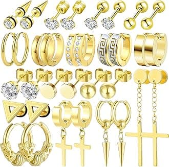17 Pairs Earrings for Men, Stainless Steel Earrings For Men Sensitive Skin, Fashion Earring Piercing Jewelry Cross Dangle Hoop Earrings Kit Studs Long-lasting Shine