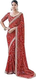 Women's Bandhani Printed Embroidery Lace Georgette Saree with Unstitched Blouse Piece