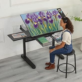 Glass Drafting Art Table with Storage Drawers and Stool, Adjustable Drawing Desk 0-75° Tilt, Glass-Topped Art Table for Craft Station Studio Home Office School (Black-2)