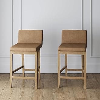 Nathan James Gracie Modern Counter Height Bar Stool with Back, Counter Stool Upholstered Chair with PU Leather and Brushed Wooden Legs, Light Brown, Set of 2