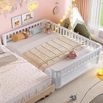 Bellemave Full Size Montessori Bed with Fence and Slats, Full Size Low Platform Bed Frame with Detachable Side Bed Rails and Rounded Corner Design, Easy Assemble Montessori Bed White
