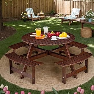 8 Person Wood Picnic Table, Outdoor Round Picnic Table with 4 Built-in Benches, Umbrella Hole, Outside Table and Bench Set for Patio, Backyard, 500lbs Capacity Per Bench (Brown, 8 Person)