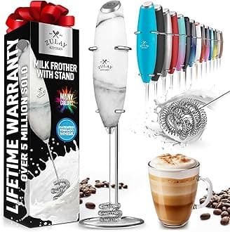 Zulay Kitchen Tornado Milk Frother Handheld Wand – Electric Coffee Frother with Triple Whisk & Stand – Hand Held Drink Mixer for Latte, Cappuccino, Matcha, Hot Chocolate, Protein Shakes – Quartz