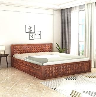 STRATA FURNITURE Sheesham Wood Diamond King Size Bed with Box Storage and Headboard for Bedroom Living Room Home Wooden Double Bed Cot Palang Furniture (Honey Finish)