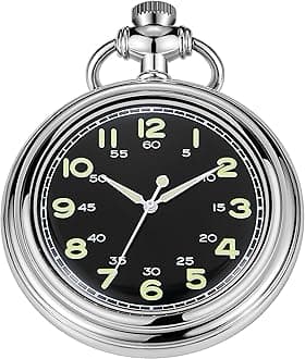 Uncovered Men's Mechanical Pocket Watch with Chain, Uncovered Roman Design Dial Chain Mechanical Pocket Watches for Men