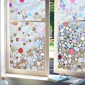 Viseeko Stained Glass Window Privacy Film：3D Pebble Decorative Rainbow Film Easy Install Colored Window Cling Non-Adhesive UV Protection 17.5x118inch