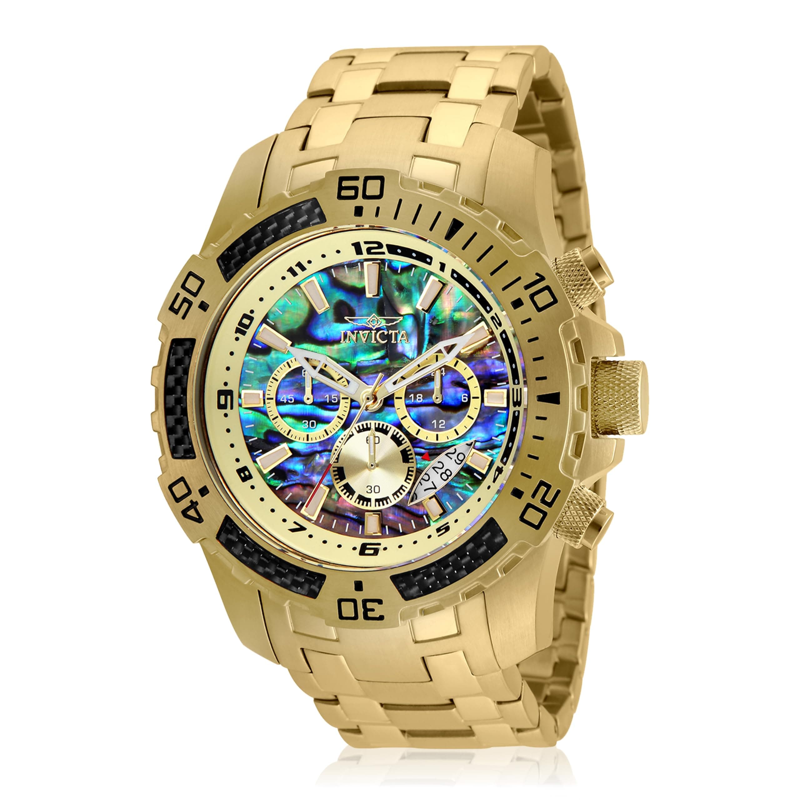- Men's Pro Diver Scuba Quartz Chronograph Carbon Fiber Bezel Abalone Dial Bracelet Watch, 50mm