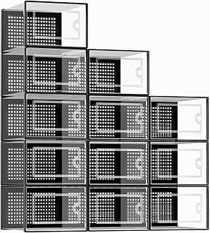 Kuject１２個セットシューズボックス 多層積み重ね可能 収納ボックス シューズラック 靴棚 玄関収納 下駄箱 大容量シューズケース（ブラック）Space Saving for Entryway, Black, 12 Pack