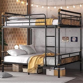 Full over Full Bunk Beds for Teens or Adults ,Industrial Heavy-Duty 2 IN 1 Metal Convertible Bunk Bed Full Size with Ladder and Slats Support ,High Guard Rail,Space-Saving ,Noise Reduced,Black