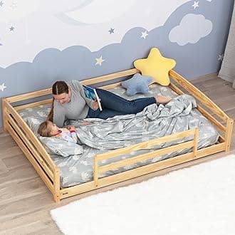 Full Size Montessori Floor Bed for Kids - Strong Slatted Bed Frame with Full Rails - Ideal for Little Girls and Boys (Varnished)