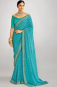 Women's Bandhani Printed Embroidery Georgette Saree with Unstitched Blouse Piece