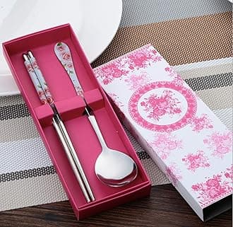 Pink Blue Purple Korean Stainless Steel Spoon Chopsticks Set Tableware Gifts (Pack of 3 Pink)