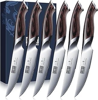 HOSHANHO 6-Piece Meat Knife Set, Ultra Sharp 4.5 Inches, Serrated Table Knives, Japanese Steak Knives AUS-10 High Carbon Steel with Ergonomic Handle