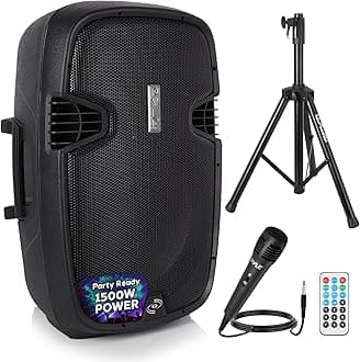 Pyle PPHP155ST Wireless Portable PA Speaker System - 1500W High Powered Bluetooth Compatible Active Outdoor Sound Speakers w/USB SD MP3 RCA - 35mm Mount, Stand, Microphone, Power Cable, Black, 15"